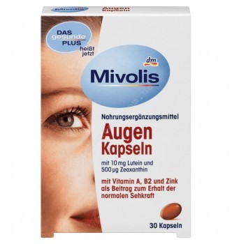 Купить Комплекс витаминов для зрения Mivolis - DAS gesunde PLUS Augen с Vitamin A, B2 и Zink Das Gesunde Plus 30 шт - 4010355570222 - с доставкой по Украине
